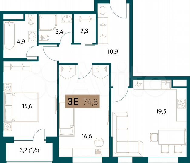 3-к. квартира, 75,1 м², 3/15 эт.