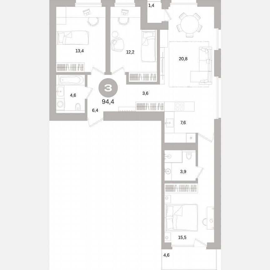 3-к. квартира, 93,5 м², 4/16 эт.