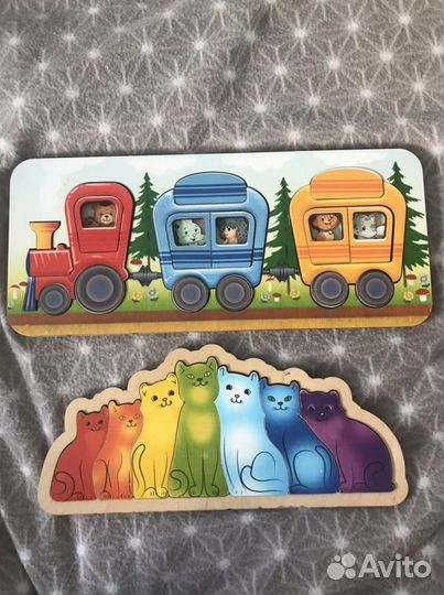 Паровозик деревянный пазл котики