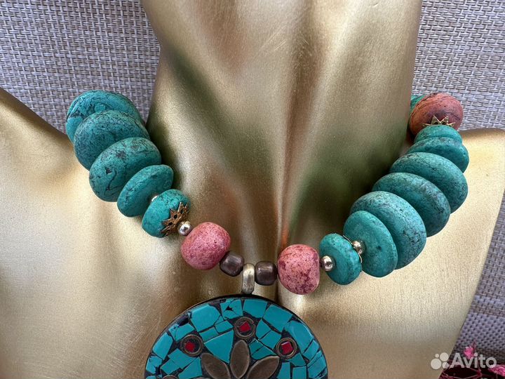 Массивное колье ожерелье бирюза латунь мозаика