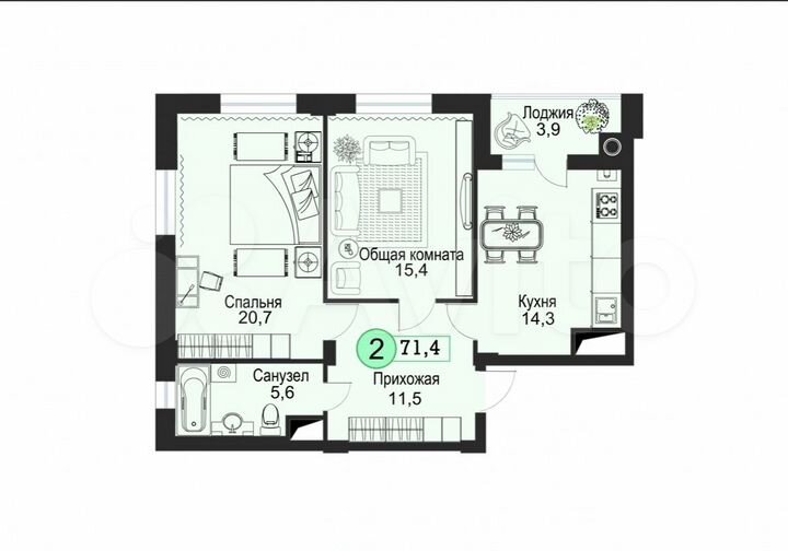 2-к. квартира, 71,4 м², 8/8 эт.
