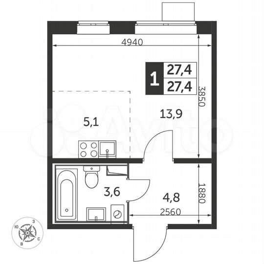 Квартира-студия, 27,5 м², 16/25 эт.