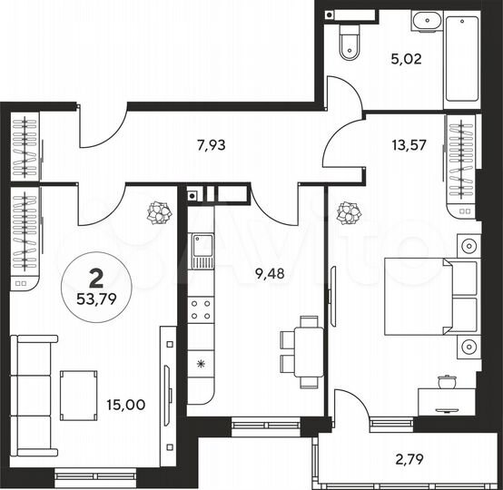 2-к. квартира, 53 м², 15/25 эт.