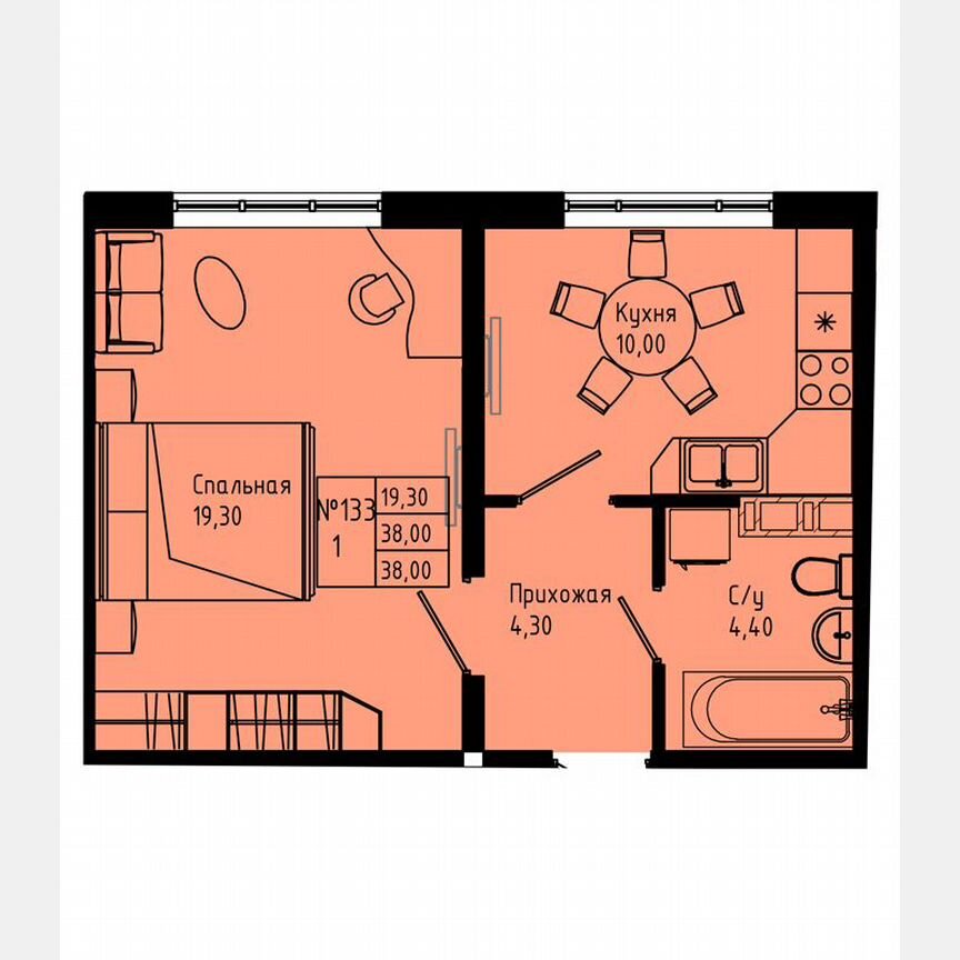 1-к. квартира, 38 м², 6/8 эт.