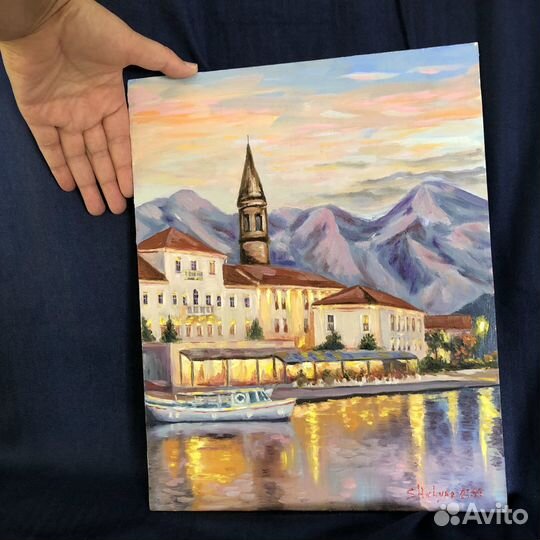 Картина маслом Вечер Фонари Море Город