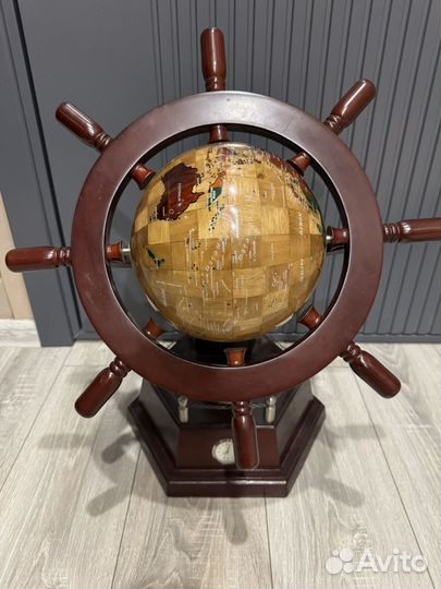Глобус-штурвал с часами и компосом (дерево)