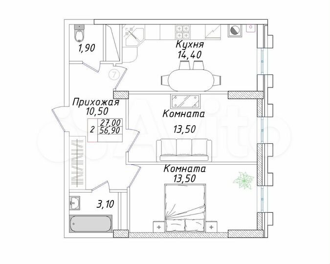 2-к. квартира, 56,9 м², 2/8 эт.