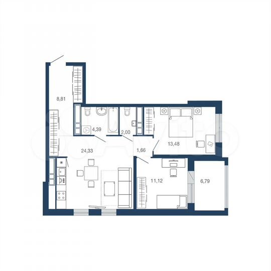 2-к. квартира, 70,9 м², 21/22 эт.
