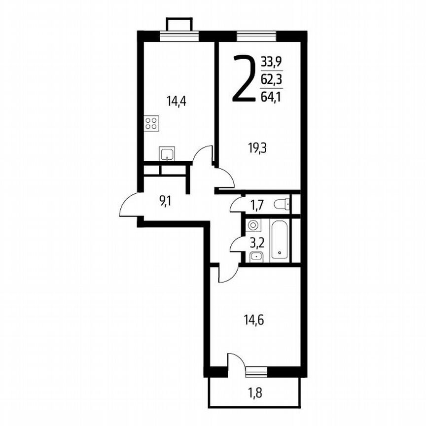 2-к. квартира, 64,1 м², 14/14 эт.