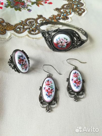 Гарнитур браслет серьги кольцо финифть СССР винтаж