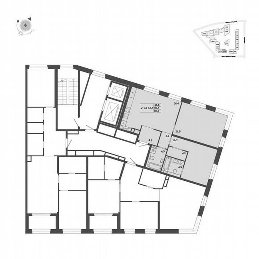 2-к. квартира, 83,4 м², 5/9 эт.