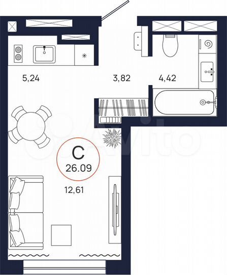 Квартира-студия, 26,1 м², 2/17 эт.