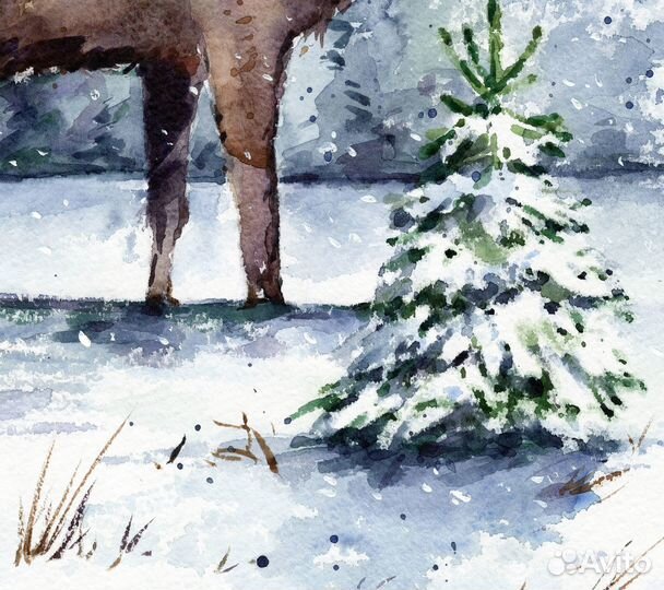 Картина акварелью пейзаж с оленем