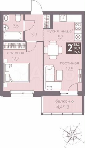2-к. квартира, 39,6 м², 6/16 эт.