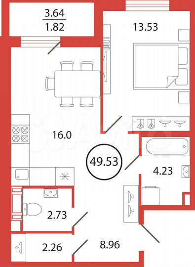 1-к. квартира, 49,5 м², 8/12 эт.
