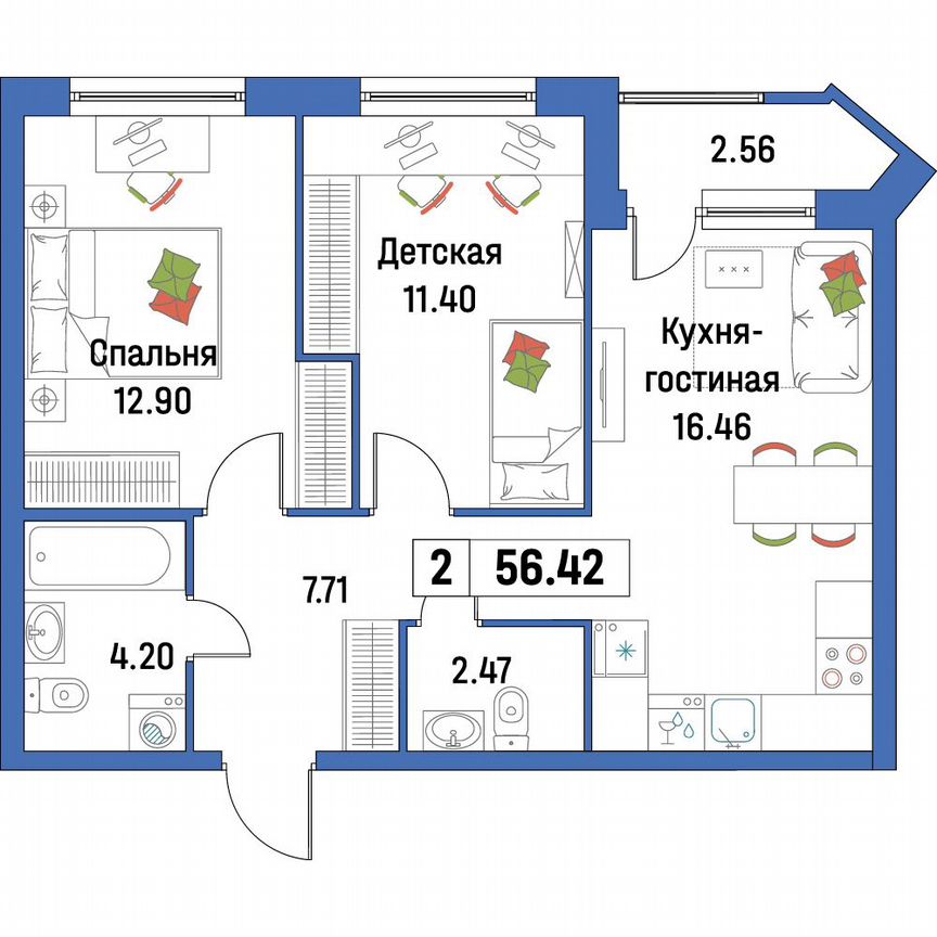 2-к. квартира, 56,4 м², 2/16 эт.