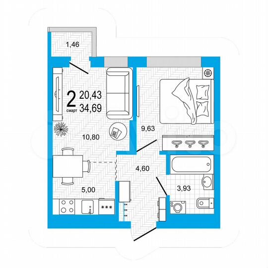 2-к. квартира, 34,7 м², 22/26 эт.