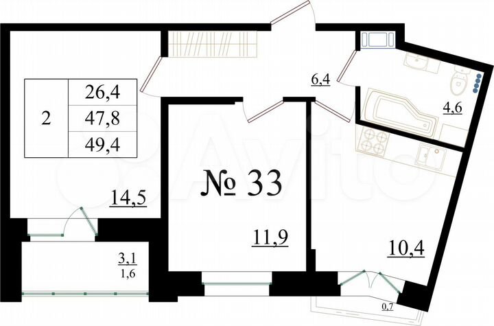 2-к. квартира, 49,4 м², 4/8 эт.