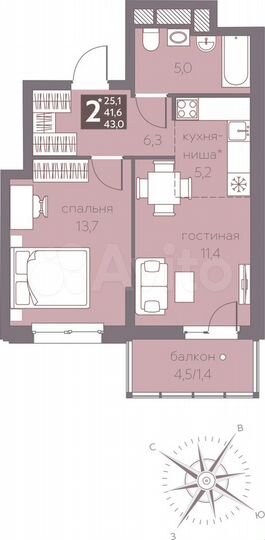 2-к. квартира, 43 м², 3/16 эт.