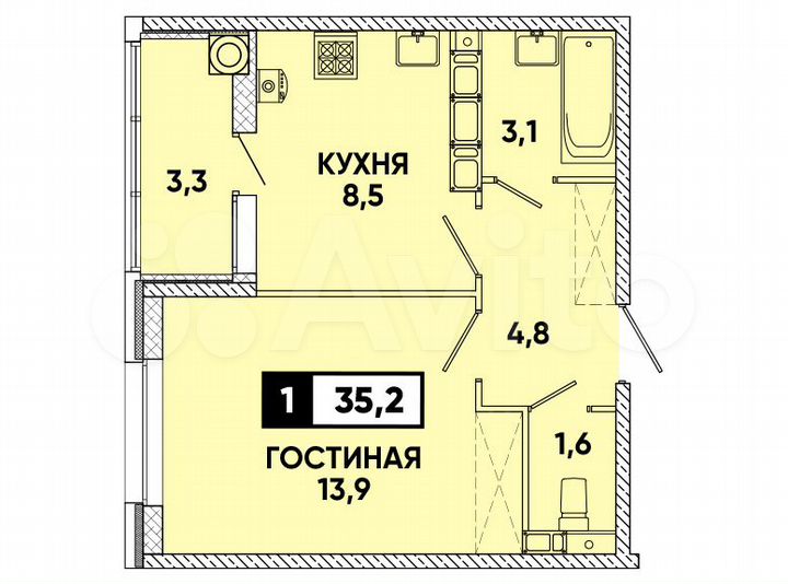 1-к. квартира, 35 м², 12/16 эт.
