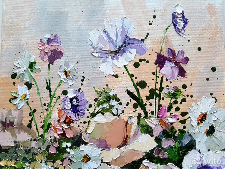 Картина маслом цветы Белые Розы интерьерная нежная