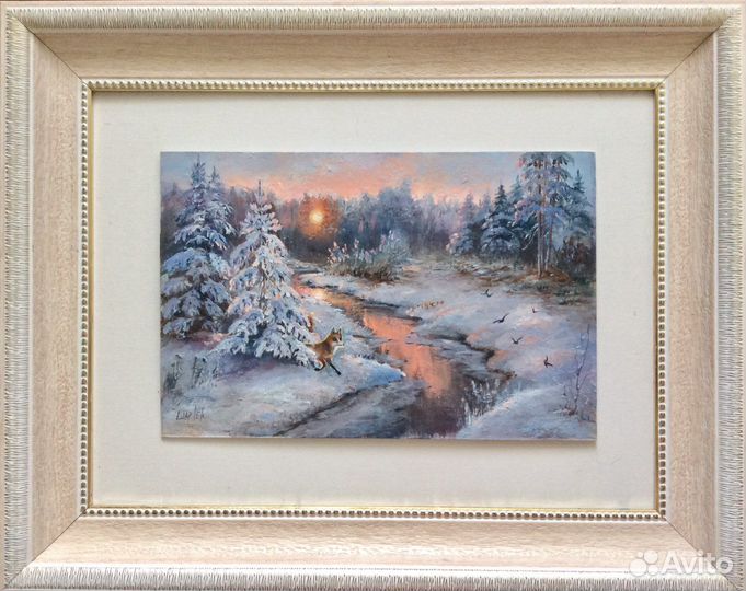 Картина маслом Спугнула, зимний пейзаж