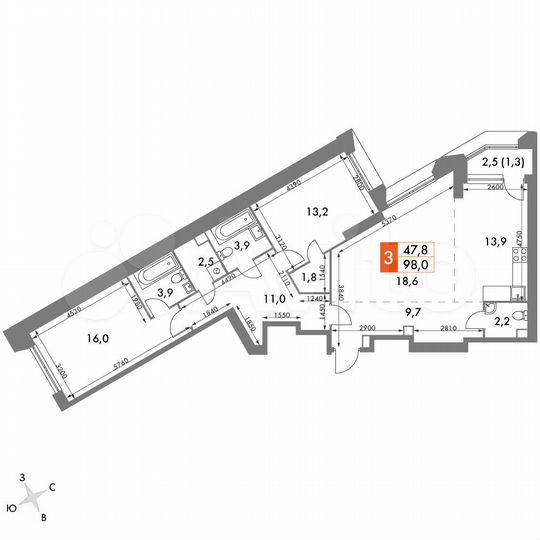 3-к. квартира, 98 м², 17/47 эт.