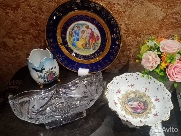 Ваза ладья Богем.хрусталь. Тарелка декор. ЧССР