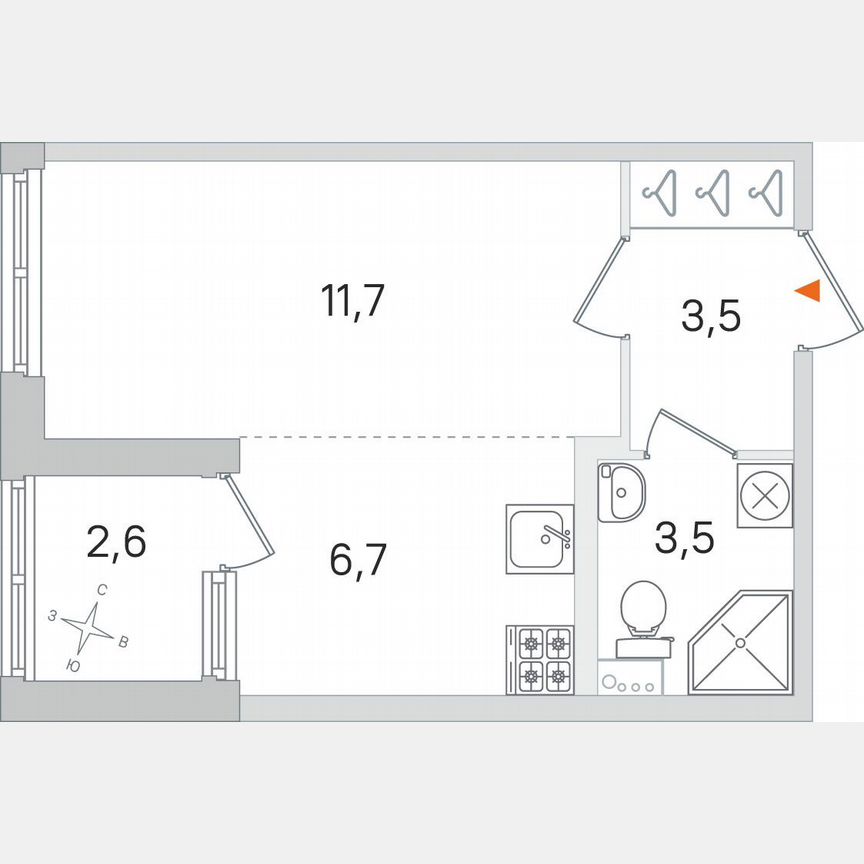 Квартира-студия, 26,7 м², 1/4 эт.