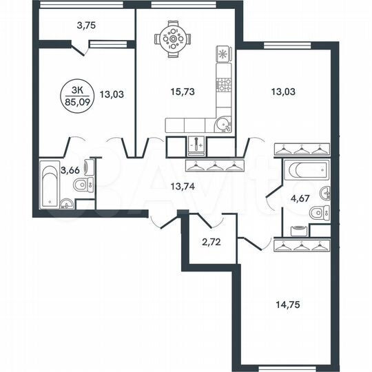3-к. квартира, 85,1 м², 16/17 эт.