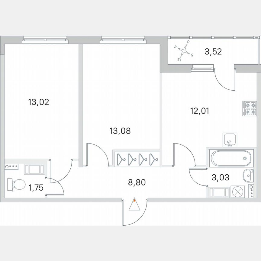 2-к. квартира, 53,5 м², 2/4 эт.