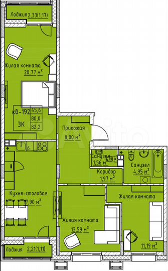 4-к. квартира, 82,2 м², 4/12 эт.