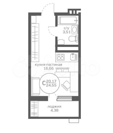 Квартира-студия, 24,6 м², 15/20 эт.