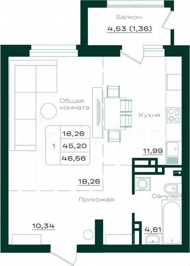1-к. квартира, 46,6 м², 14/17 эт.