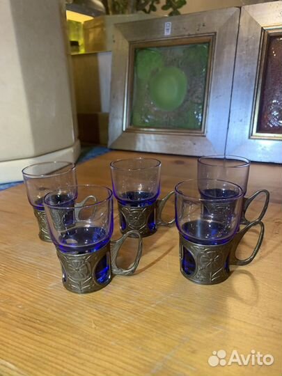 Рюмки с подстаканниками, синее стекло, винтаж СССР
