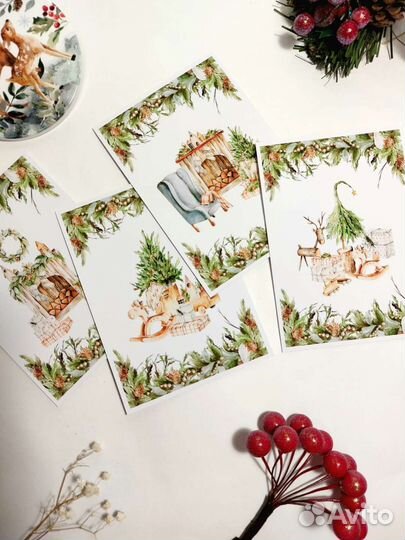 Новогодние акварельные открытки С6 набор