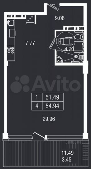 1-к. апартаменты, 54,9 м², 2/8 эт.