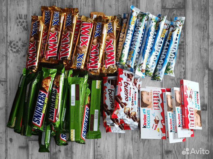 Шоколад kinder, twix, bounty, snickers
