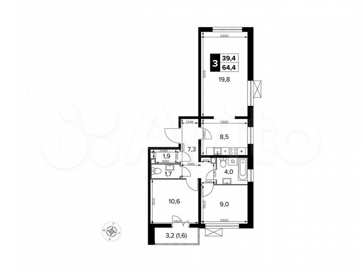 3-к. квартира, 64,4 м², 2/21 эт.