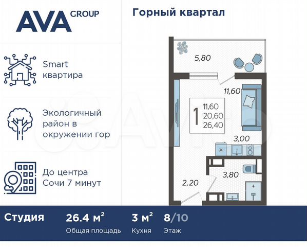 Квартира-студия, 26,4 м², 8/10 эт.