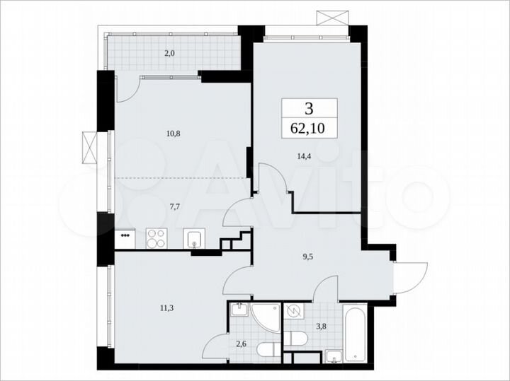 3-к. квартира, 62,1 м², 18/19 эт.