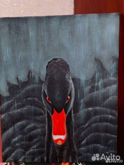 Картина маслом на холсте. Чёрный лебедь