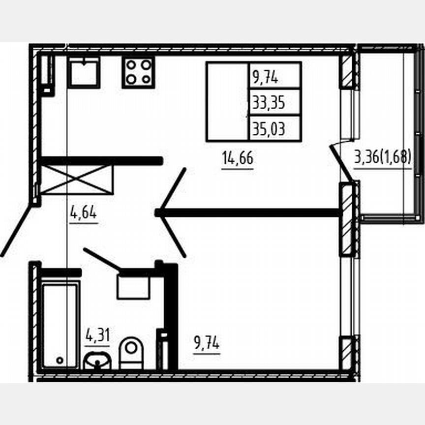1-к. квартира, 33,4 м², 2/4 эт.