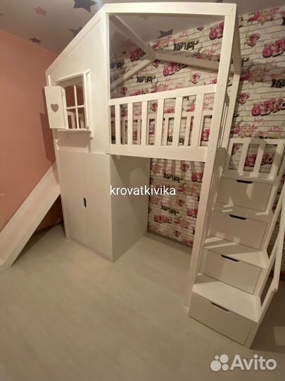 Эко кровать детская - чердак домик с горкой