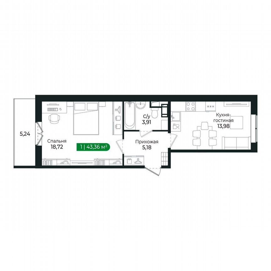 1-к. квартира, 43,4 м², 4/8 эт.