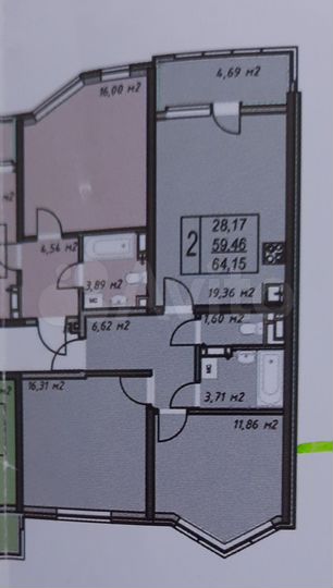 2-к. квартира, 64,4 м², 8/14 эт.