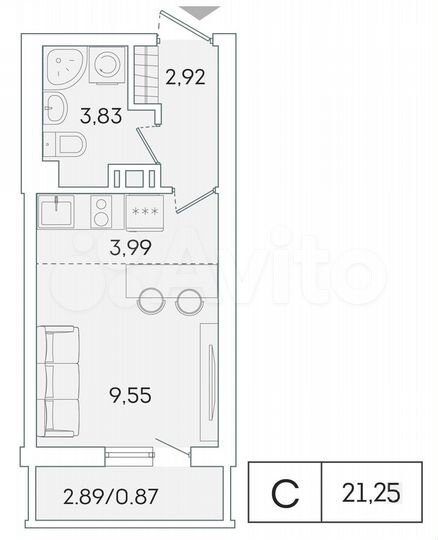 Квартира-студия, 21,3 м², 5/19 эт.