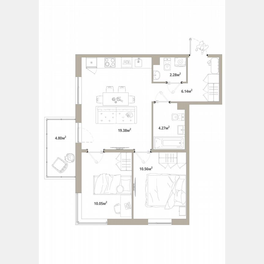 2-к. квартира, 54,1 м², 5/12 эт.