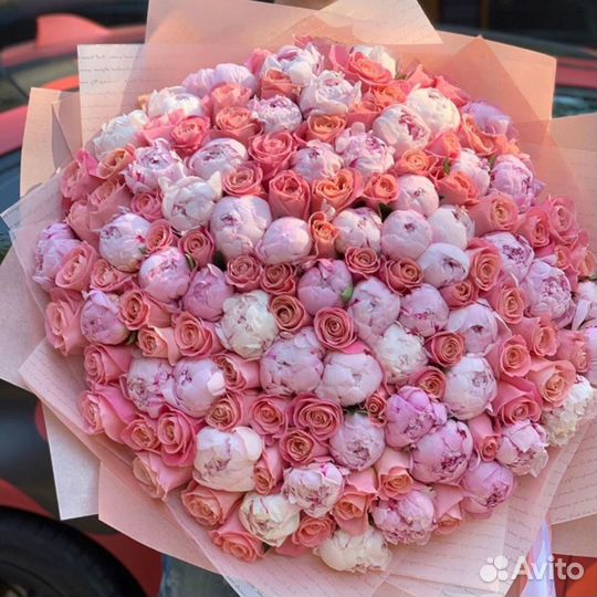 Розы, пионы, цветы, 101 роза букет