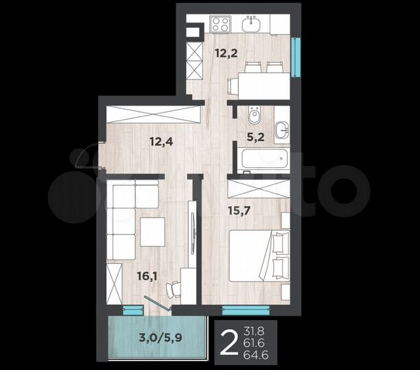 2-к. квартира, 64,6 м², 1/8 эт.